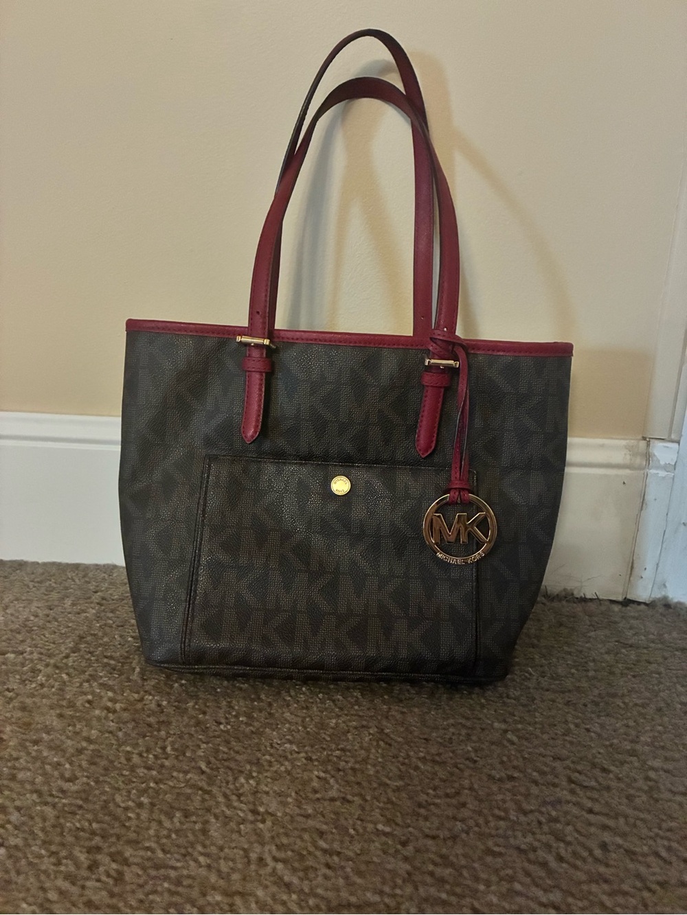 Michael Kors Brown Monogram Tote with Burgundy Trim and Gold Charm